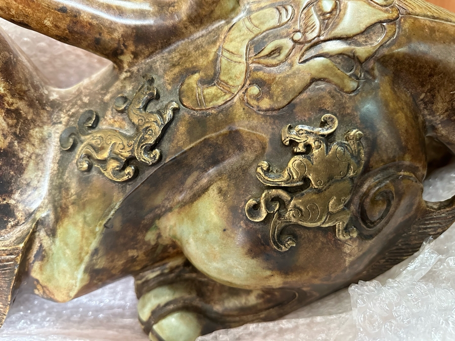 Pair Of Large Vintage Chinese Carved Jade Foo Dogs With Applied Brass Ornamentation Heavy Must See In Person For Size 24W X 9D X 17H [Photo 42]