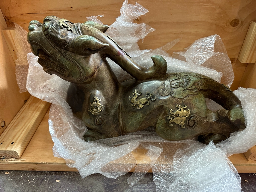 Pair Of Large Vintage Chinese Carved Jade Foo Dogs With Applied Brass Ornamentation Heavy Must See In Person For Size 24W X 9D X 17H [Photo 4]