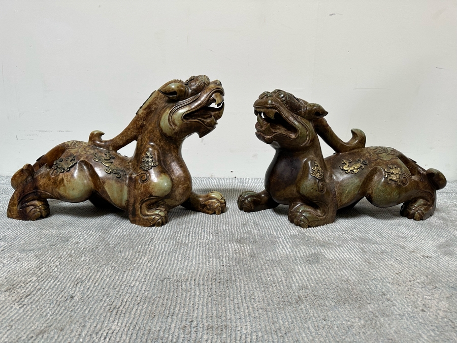 Pair Of Large Vintage Chinese Carved Jade Foo Dogs With Applied Brass Ornamentation Heavy Must See In Person For Size 24W X 9D X 17H [Photo 2]