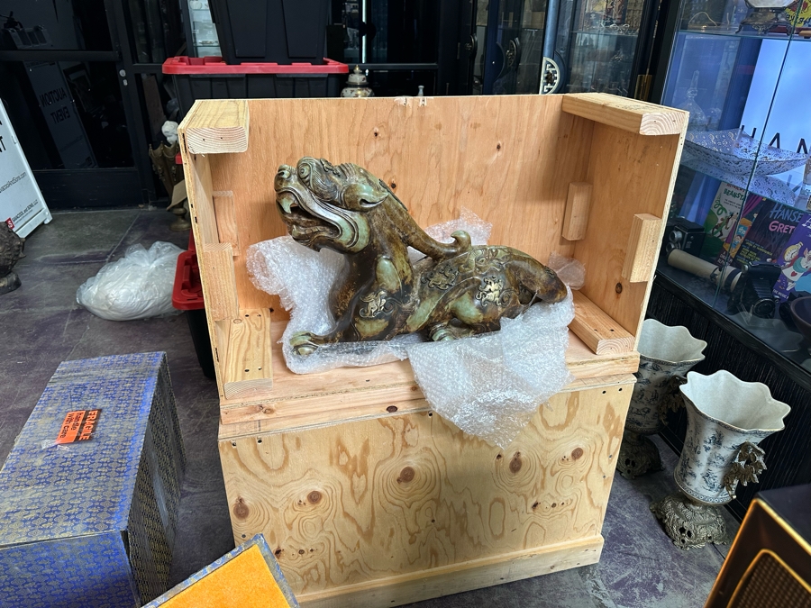 Pair Of Large Vintage Chinese Carved Jade Foo Dogs With Applied Brass Ornamentation Heavy Must See In Person For Size 24W X 9D X 17H [Photo 38]