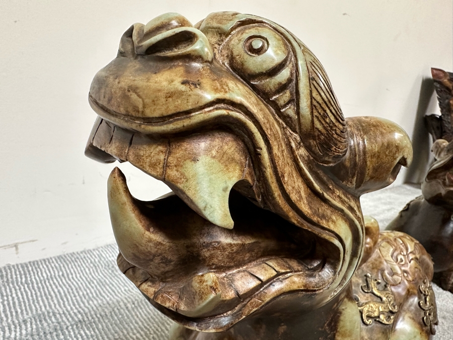 Pair Of Large Vintage Chinese Carved Jade Foo Dogs With Applied Brass Ornamentation Heavy Must See In Person For Size 24W X 9D X 17H [Photo 21]