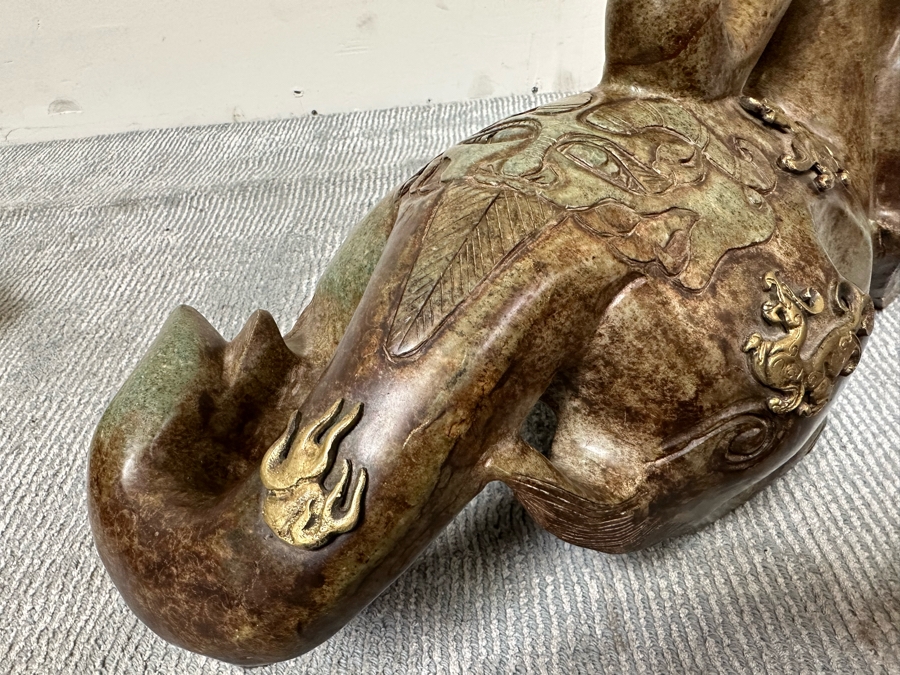 Pair Of Large Vintage Chinese Carved Jade Foo Dogs With Applied Brass Ornamentation Heavy Must See In Person For Size 24W X 9D X 17H [Photo 33]