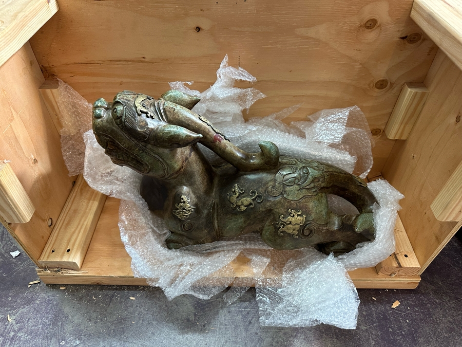 Pair Of Large Vintage Chinese Carved Jade Foo Dogs With Applied Brass Ornamentation Heavy Must See In Person For Size 24W X 9D X 17H [Photo 5]