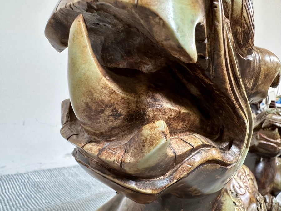 Pair Of Large Vintage Chinese Carved Jade Foo Dogs With Applied Brass Ornamentation Heavy Must See In Person For Size 24W X 9D X 17H [Photo 22]