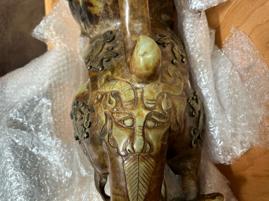 Pair Of Large Vintage Chinese Carved Jade Foo Dogs With Applied Brass Ornamentation Heavy Must See In Person For Size 24W X 9D X 17H [Photo 41]