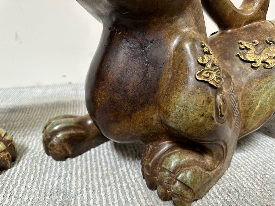 Pair Of Large Vintage Chinese Carved Jade Foo Dogs With Applied Brass Ornamentation Heavy Must See In Person For Size 24W X 9D X 17H [Photo 12]
