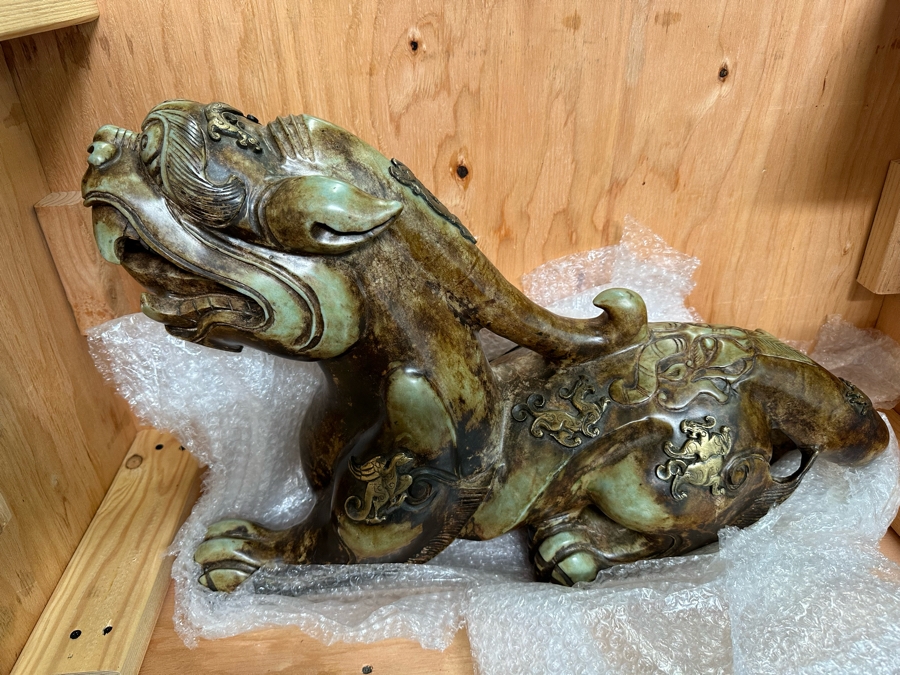 Pair Of Large Vintage Chinese Carved Jade Foo Dogs With Applied Brass Ornamentation Heavy Must See In Person For Size 24W X 9D X 17H [Photo 39]