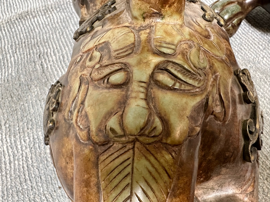 Pair Of Large Vintage Chinese Carved Jade Foo Dogs With Applied Brass Ornamentation Heavy Must See In Person For Size 24W X 9D X 17H [Photo 16]
