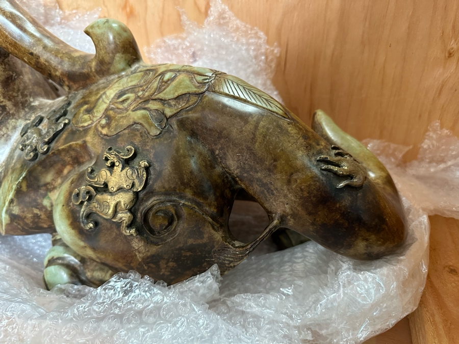 Pair Of Large Vintage Chinese Carved Jade Foo Dogs With Applied Brass Ornamentation Heavy Must See In Person For Size 24W X 9D X 17H [Photo 43]