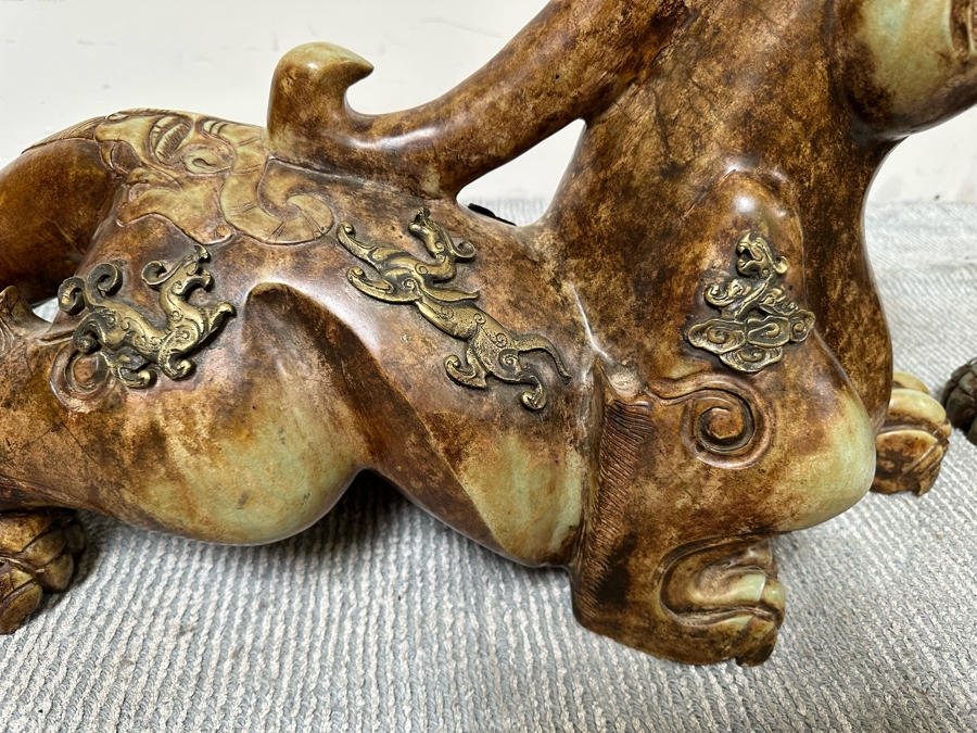 Pair Of Large Vintage Chinese Carved Jade Foo Dogs With Applied Brass Ornamentation Heavy Must See In Person For Size 24W X 9D X 17H [Photo 9]