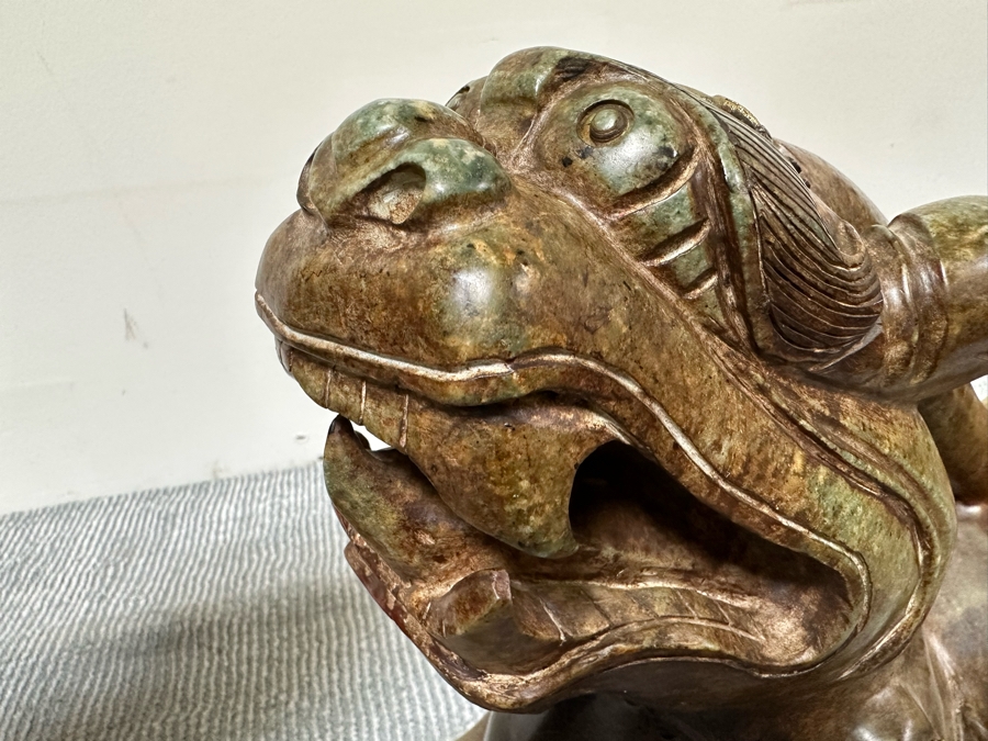 Pair Of Large Vintage Chinese Carved Jade Foo Dogs With Applied Brass Ornamentation Heavy Must See In Person For Size 24W X 9D X 17H [Photo 11]