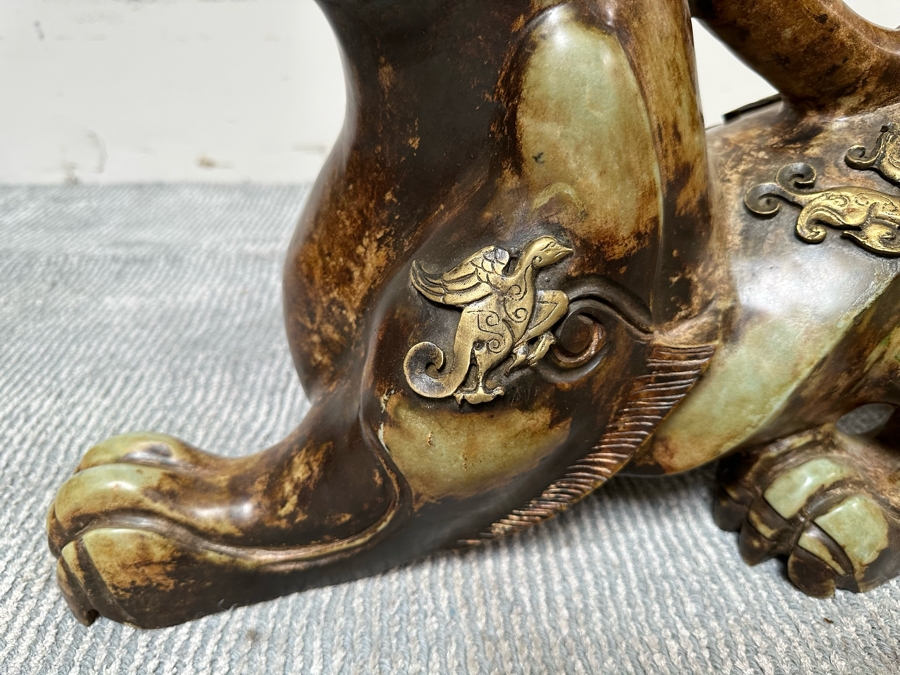 Pair Of Large Vintage Chinese Carved Jade Foo Dogs With Applied Brass Ornamentation Heavy Must See In Person For Size 24W X 9D X 17H [Photo 20]