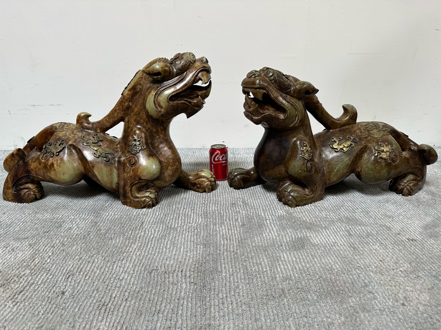 Pair Of Large Vintage Chinese Carved Jade Foo Dogs With Applied Brass Ornamentation Heavy Must See In Person For Size 24W X 9D X 17H [Photo 7]