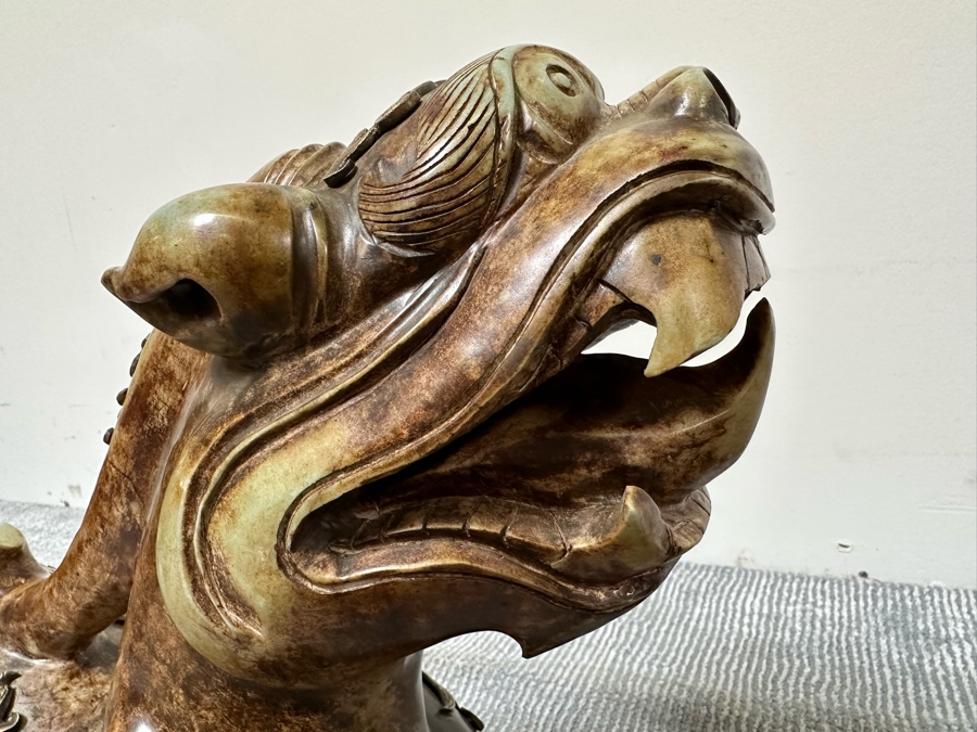 Pair Of Large Vintage Chinese Carved Jade Foo Dogs With Applied Brass Ornamentation Heavy Must See In Person For Size 24W X 9D X 17H [Photo 10]