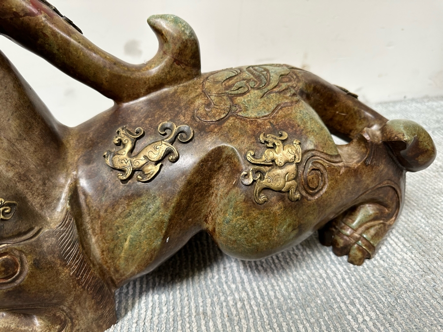 Pair Of Large Vintage Chinese Carved Jade Foo Dogs With Applied Brass Ornamentation Heavy Must See In Person For Size 24W X 9D X 17H [Photo 13]