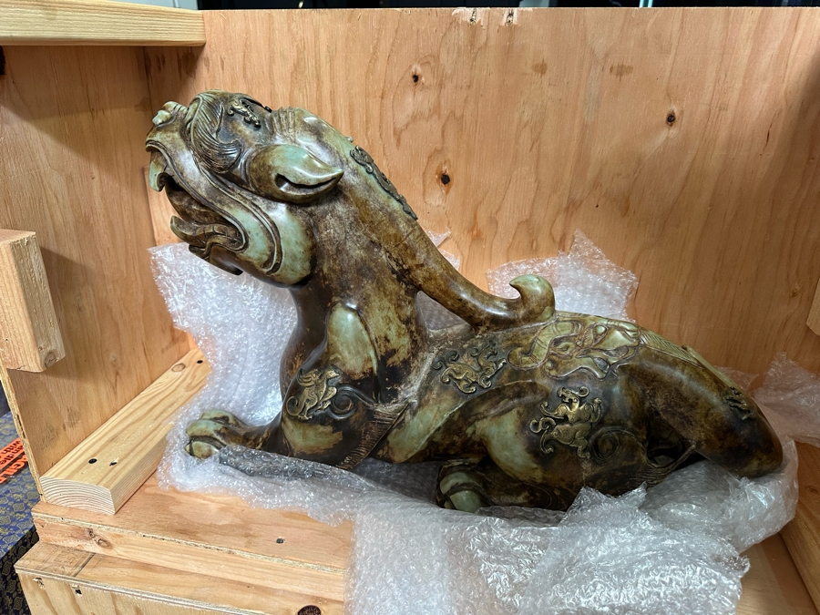 Pair Of Large Vintage Chinese Carved Jade Foo Dogs With Applied Brass Ornamentation Heavy Must See In Person For Size 24W X 9D X 17H [Photo 44]