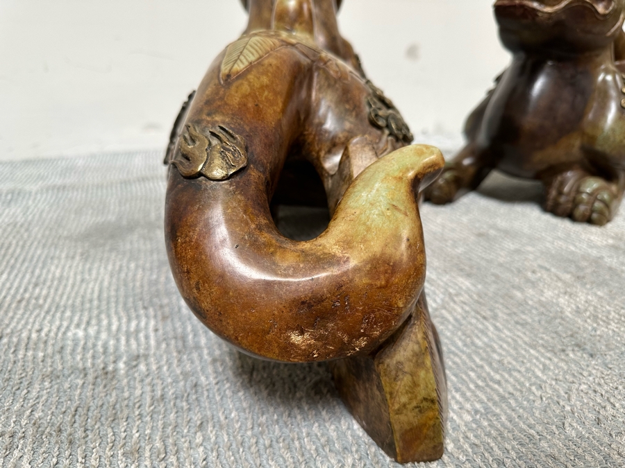 Pair Of Large Vintage Chinese Carved Jade Foo Dogs With Applied Brass Ornamentation Heavy Must See In Person For Size 24W X 9D X 17H [Photo 17]