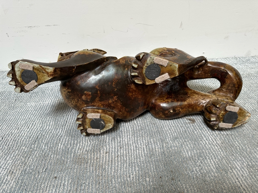 Pair Of Large Vintage Chinese Carved Jade Foo Dogs With Applied Brass Ornamentation Heavy Must See In Person For Size 24W X 9D X 17H [Photo 24]