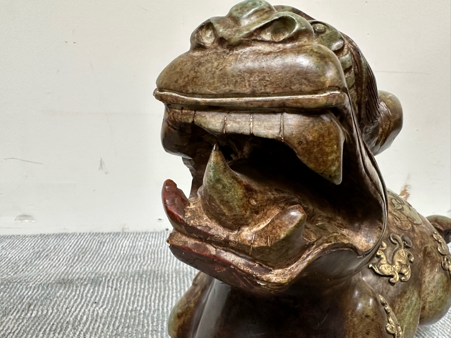 Pair Of Large Vintage Chinese Carved Jade Foo Dogs With Applied Brass Ornamentation Heavy Must See In Person For Size 24W X 9D X 17H [Photo 26]
