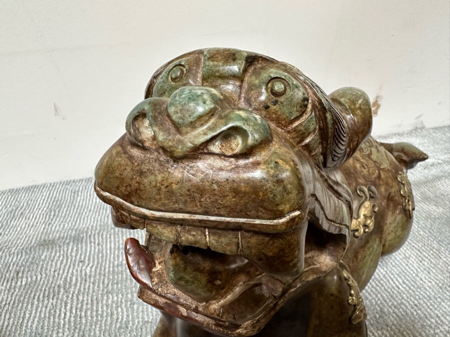 Pair Of Large Vintage Chinese Carved Jade Foo Dogs With Applied Brass Ornamentation Heavy Must See In Person For Size 24W X 9D X 17H [Photo 27]