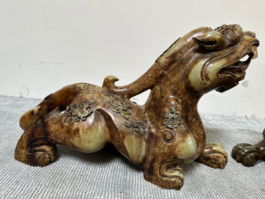 Pair Of Large Vintage Chinese Carved Jade Foo Dogs With Applied Brass Ornamentation Heavy Must See In Person For Size 24W X 9D X 17H [Photo 8]