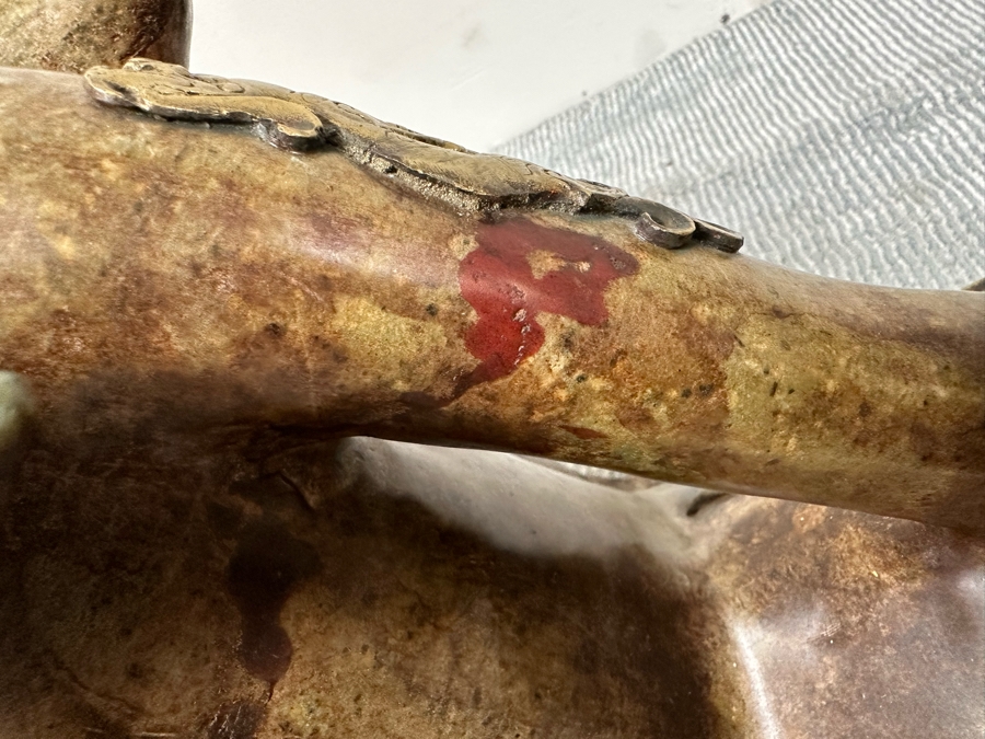 Pair Of Large Vintage Chinese Carved Jade Foo Dogs With Applied Brass Ornamentation Heavy Must See In Person For Size 24W X 9D X 17H [Photo 36]