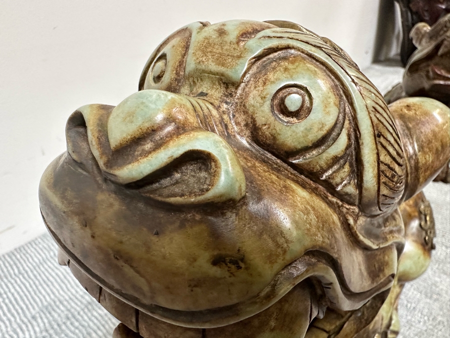 Pair Of Large Vintage Chinese Carved Jade Foo Dogs With Applied Brass Ornamentation Heavy Must See In Person For Size 24W X 9D X 17H [Photo 23]