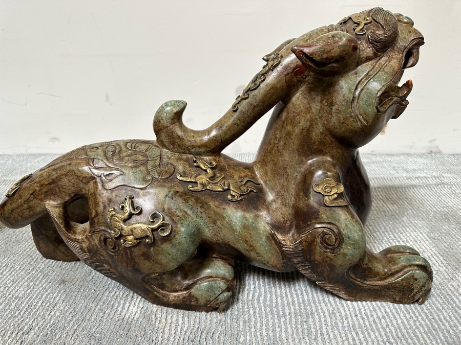 Pair Of Large Vintage Chinese Carved Jade Foo Dogs With Applied Brass Ornamentation Heavy Must See In Person For Size 24W X 9D X 17H [Photo 28]