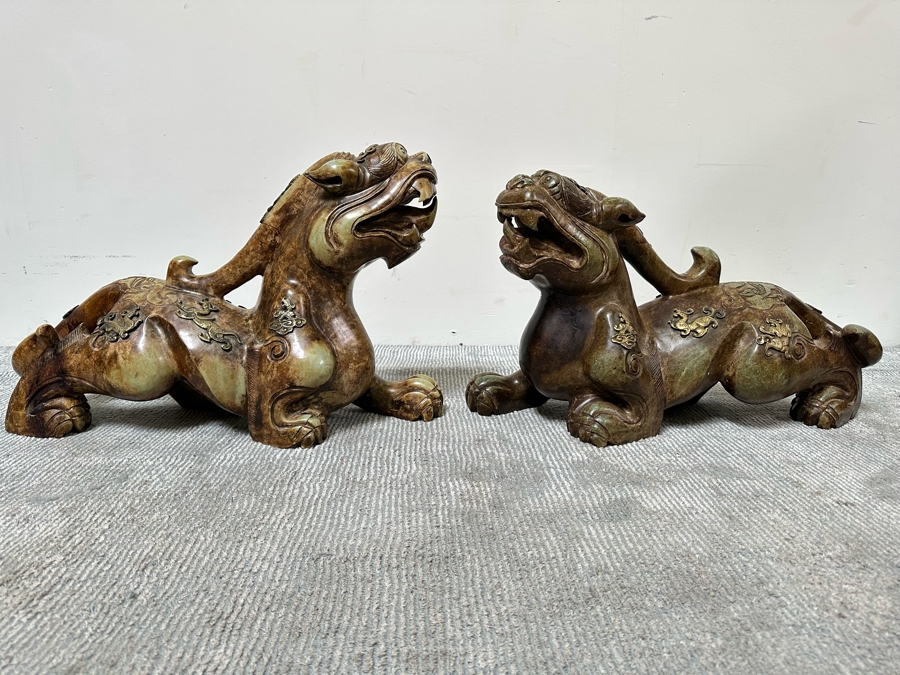 Pair Of Large Vintage Chinese Carved Jade Foo Dogs With Applied Brass Ornamentation Heavy Must See In Person For Size 24W X 9D X 17H [Photo 3]
