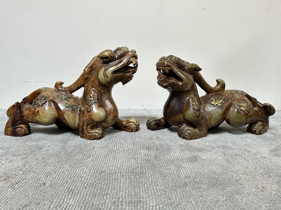 Pair Of Large Vintage Chinese Carved Jade Foo Dogs With Applied Brass Ornamentation Heavy Must See In Person For Size 24W X 9D X 17H