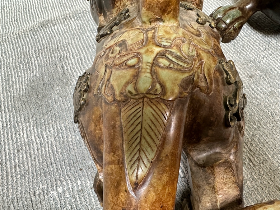 Pair Of Large Vintage Chinese Carved Jade Foo Dogs With Applied Brass Ornamentation Heavy Must See In Person For Size 24W X 9D X 17H [Photo 15]
