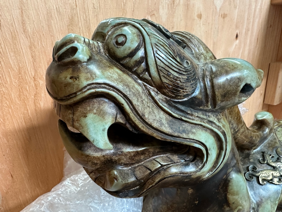 Pair Of Large Vintage Chinese Carved Jade Foo Dogs With Applied Brass Ornamentation Heavy Must See In Person For Size 24W X 9D X 17H [Photo 40]