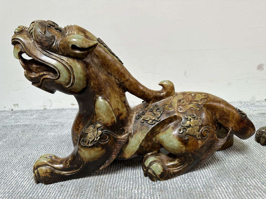 Pair Of Large Vintage Chinese Carved Jade Foo Dogs With Applied Brass Ornamentation Heavy Must See In Person For Size 24W X 9D X 17H [Photo 18]