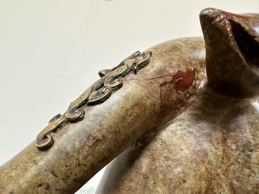 Pair Of Large Vintage Chinese Carved Jade Foo Dogs With Applied Brass Ornamentation Heavy Must See In Person For Size 24W X 9D X 17H [Photo 30]