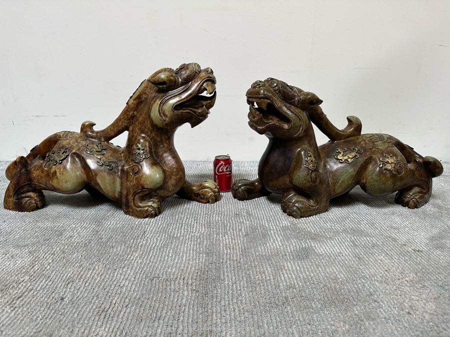 Pair Of Large Vintage Chinese Carved Jade Foo Dogs With Applied Brass Ornamentation Heavy Must See In Person For Size 24W X 9D X 17H [Photo 6]