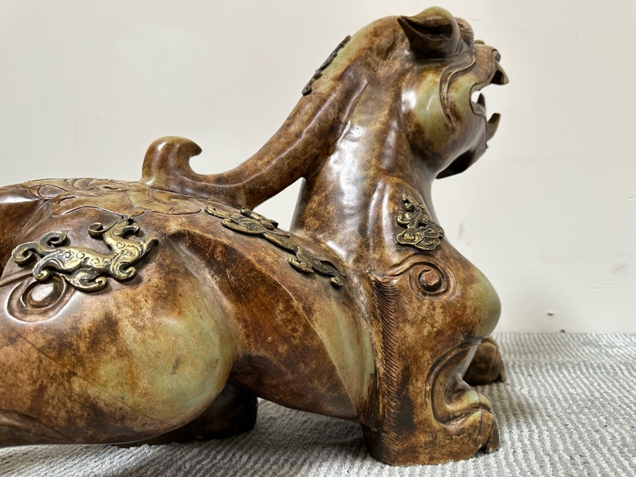 Pair Of Large Vintage Chinese Carved Jade Foo Dogs With Applied Brass Ornamentation Heavy Must See In Person For Size 24W X 9D X 17H [Photo 14]