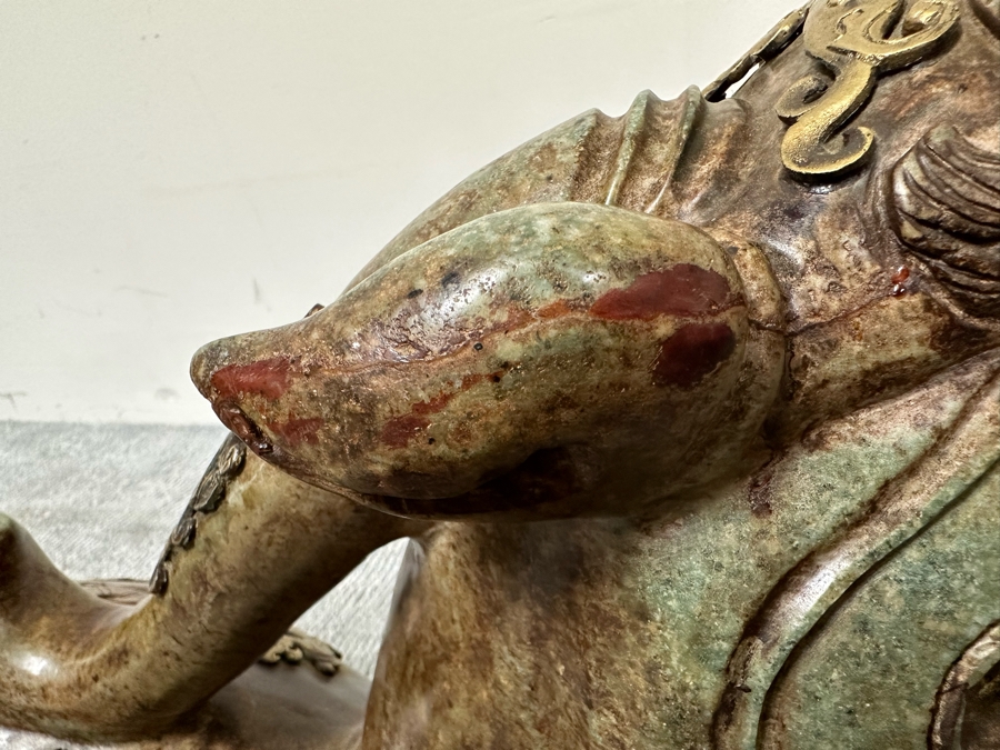 Pair Of Large Vintage Chinese Carved Jade Foo Dogs With Applied Brass Ornamentation Heavy Must See In Person For Size 24W X 9D X 17H [Photo 29]