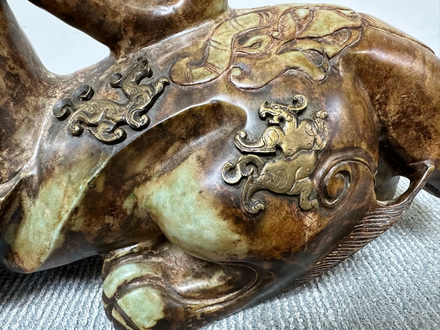 Pair Of Large Vintage Chinese Carved Jade Foo Dogs With Applied Brass Ornamentation Heavy Must See In Person For Size 24W X 9D X 17H [Photo 19]