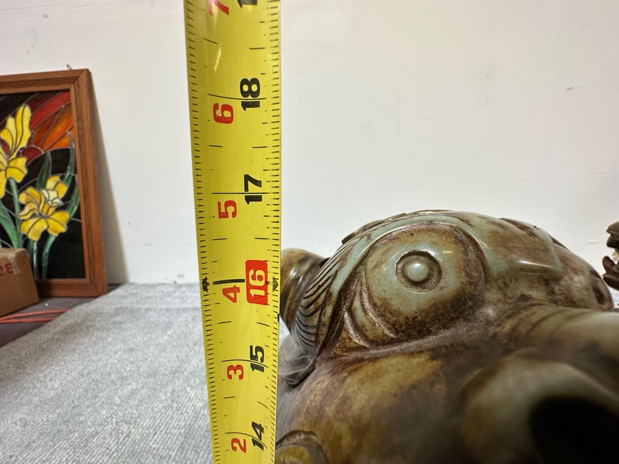 Pair Of Large Vintage Chinese Carved Jade Foo Dogs With Applied Brass Ornamentation Heavy Must See In Person For Size 24W X 9D X 17H [Photo 37]