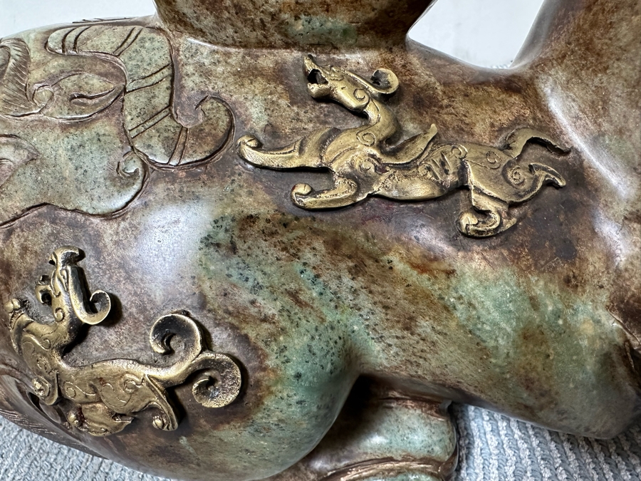 Pair Of Large Vintage Chinese Carved Jade Foo Dogs With Applied Brass Ornamentation Heavy Must See In Person For Size 24W X 9D X 17H [Photo 31]