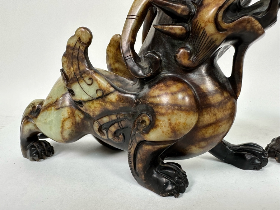 Pair Of Vintage Chinese Carved Jade Stone Foo Dogs (One Leg Has Been Repaired - See Photos) 11W X 3.5D X 6.5H [Photo 8]