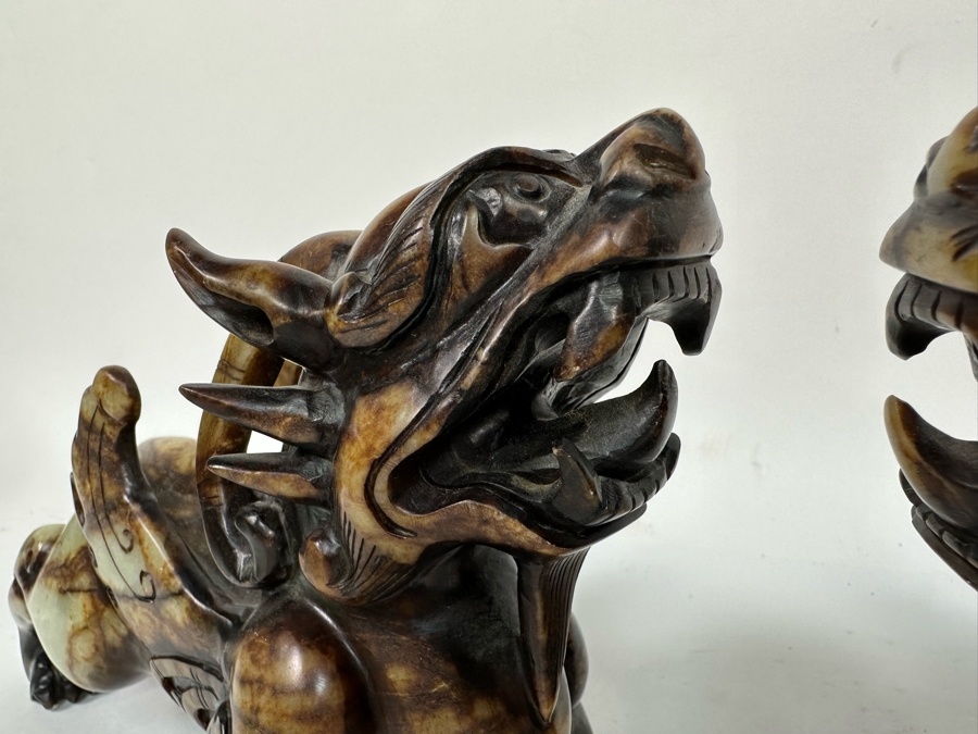 Pair Of Vintage Chinese Carved Jade Stone Foo Dogs (One Leg Has Been Repaired - See Photos) 11W X 3.5D X 6.5H [Photo 7]