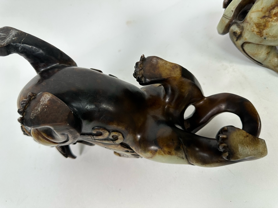 Pair Of Vintage Chinese Carved Jade Stone Foo Dogs (One Leg Has Been Repaired - See Photos) 11W X 3.5D X 6.5H [Photo 19]