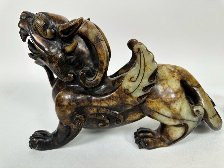 Pair Of Vintage Chinese Carved Jade Stone Foo Dogs (One Leg Has Been Repaired - See Photos) 11W X 3.5D X 6.5H [Photo 15]