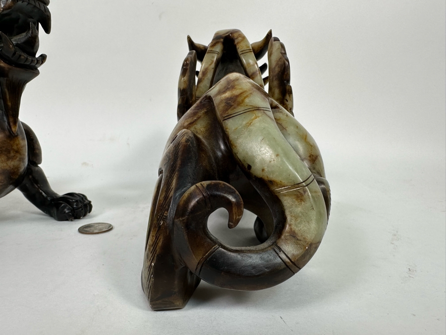 Pair Of Vintage Chinese Carved Jade Stone Foo Dogs (One Leg Has Been Repaired - See Photos) 11W X 3.5D X 6.5H [Photo 11]