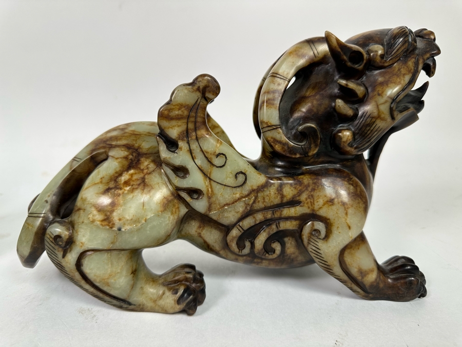 Pair Of Vintage Chinese Carved Jade Stone Foo Dogs (One Leg Has Been Repaired - See Photos) 11W X 3.5D X 6.5H [Photo 12]