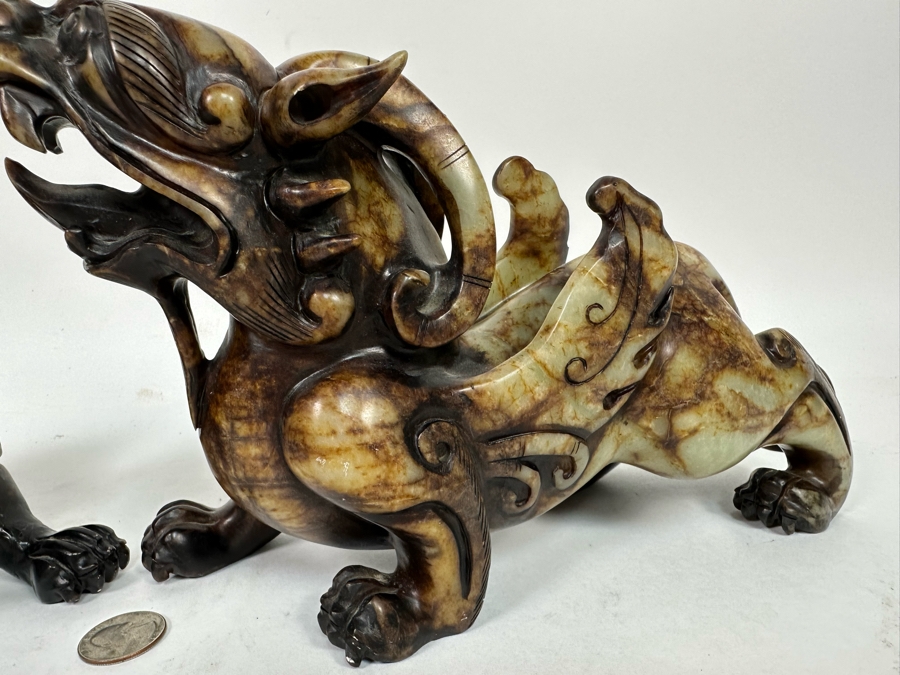 Pair Of Vintage Chinese Carved Jade Stone Foo Dogs (One Leg Has Been Repaired - See Photos) 11W X 3.5D X 6.5H [Photo 10]