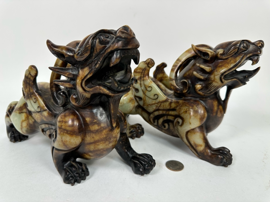 Pair Of Vintage Chinese Carved Jade Stone Foo Dogs (One Leg Has Been Repaired - See Photos) 11W X 3.5D X 6.5H [Photo 21]