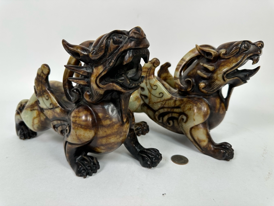 Pair Of Vintage Chinese Carved Jade Stone Foo Dogs (One Leg Has Been Repaired - See Photos) 11W X 3.5D X 6.5H [Photo 20]