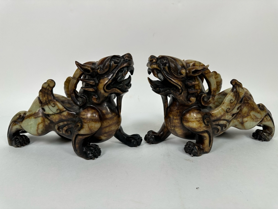 Pair Of Vintage Chinese Carved Jade Stone Foo Dogs (One Leg Has Been Repaired - See Photos) 11W X 3.5D X 6.5H [Photo 3]